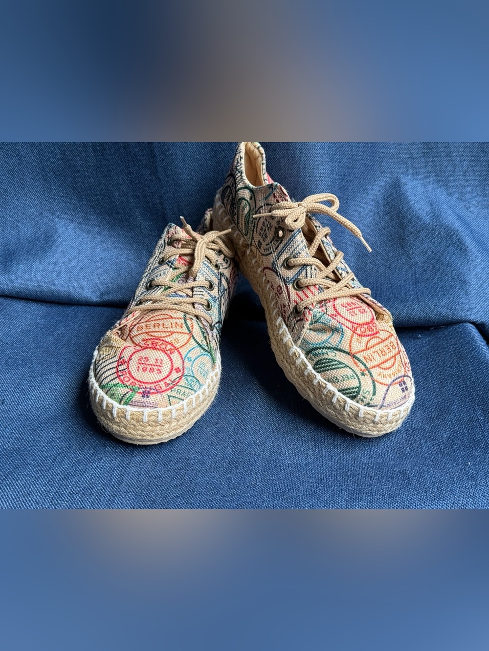 Woven Espadrille Lace-Up Sneakers in Multicolor Travel Stamp Print